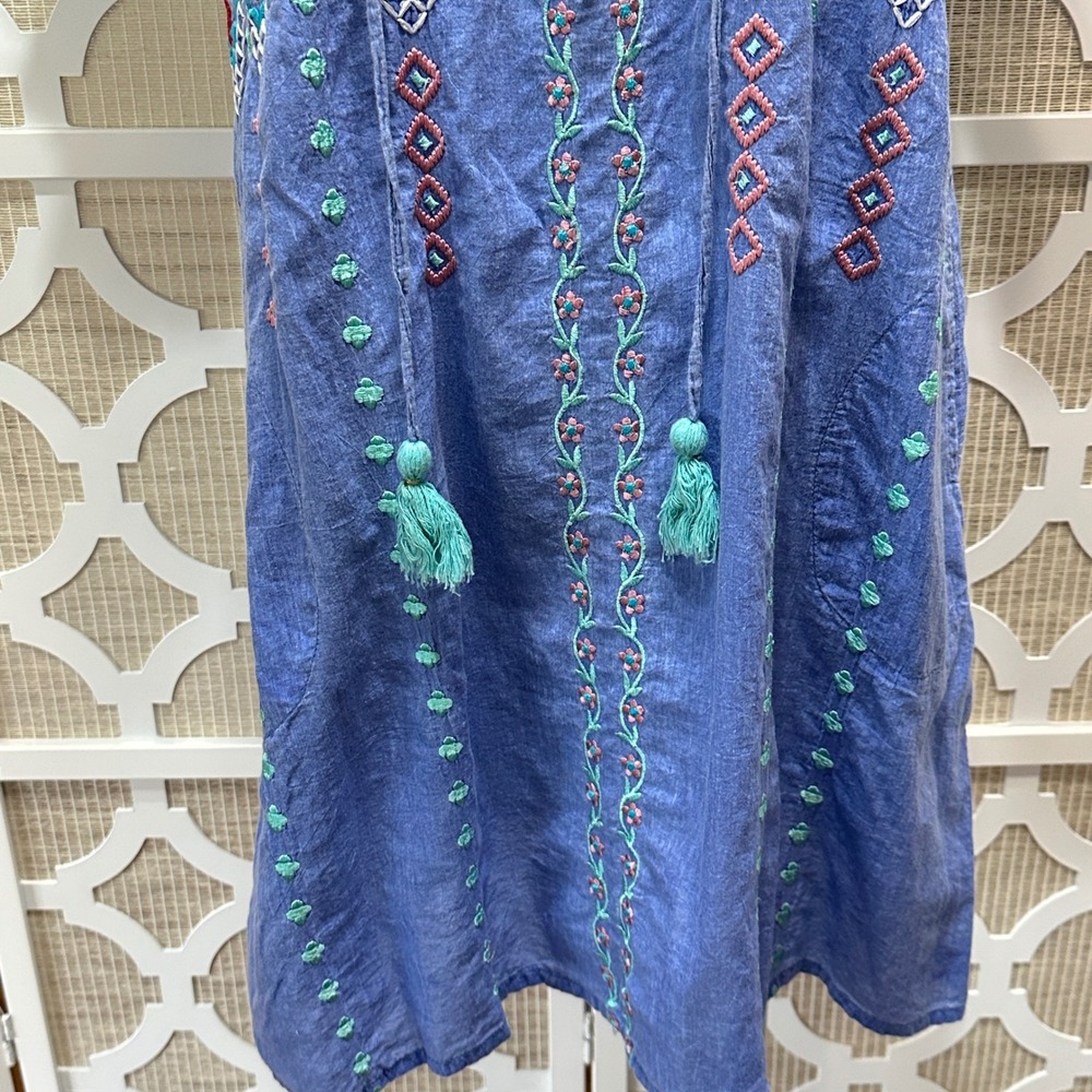 LulaLife Embroidered Dress Womens Small Blue Bohemian Mumu Vacation House Dress - Picture 3 of 13